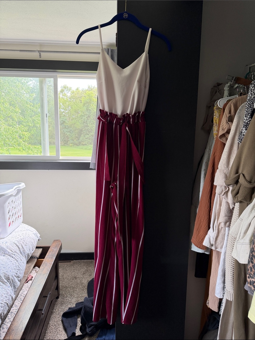 Vintage Francesca’s White & Burgundy Striped Paperbag-Waist Jumpsuit